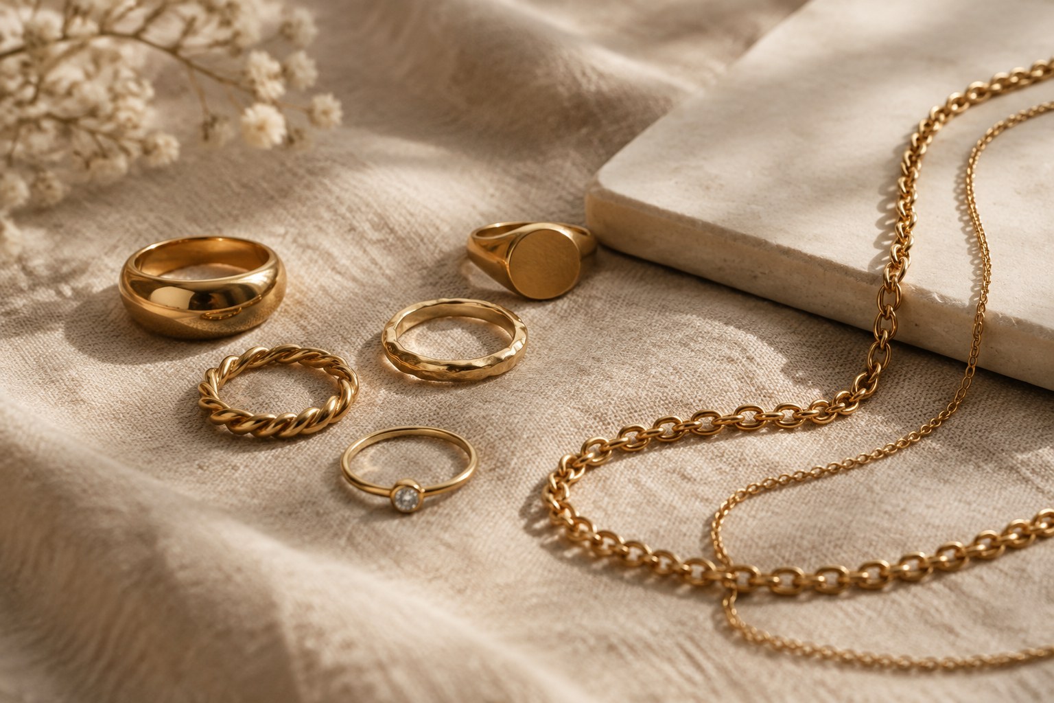 AI illustration of gold rings and chains beside a ceramic tile