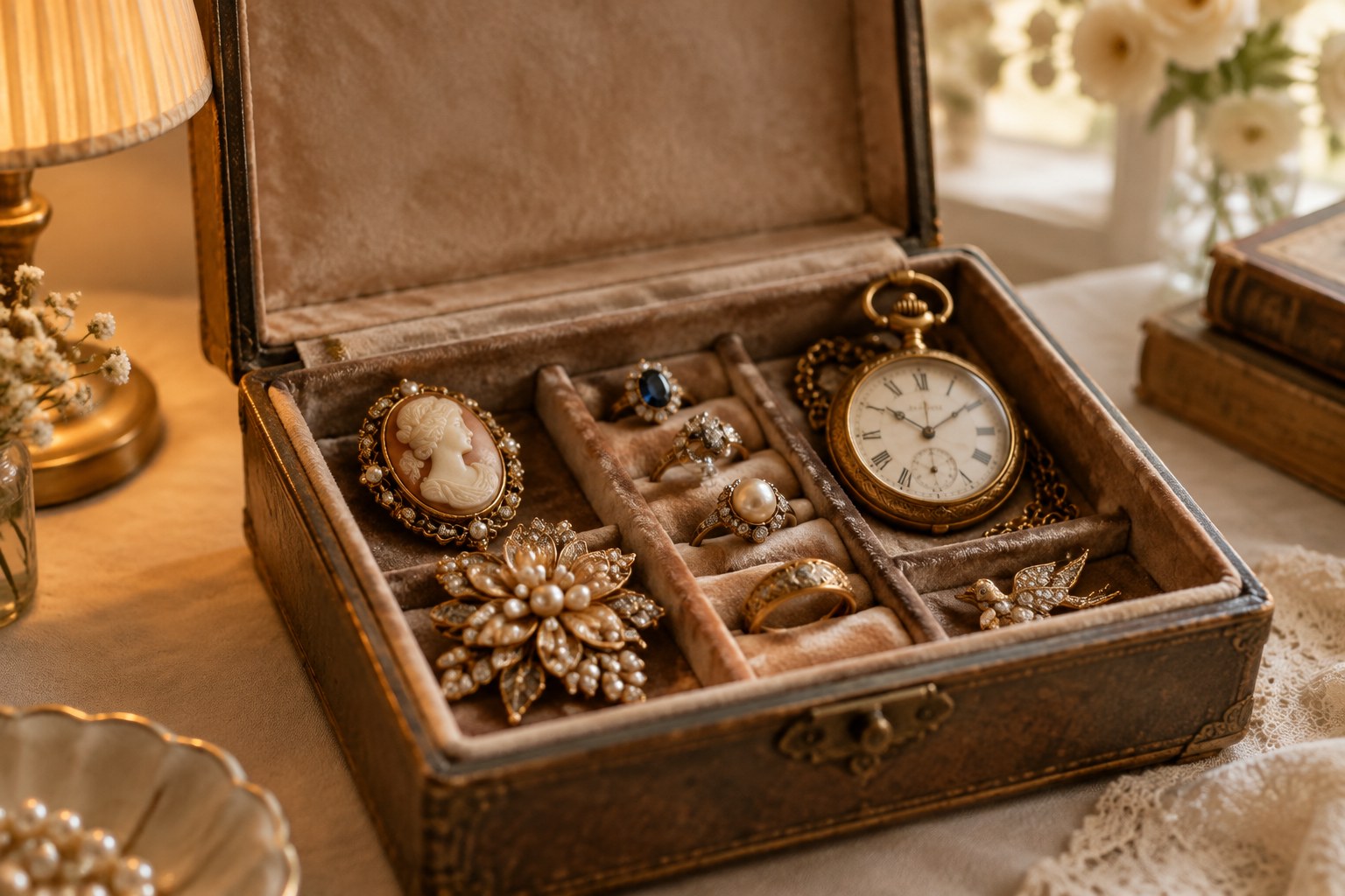 Illustration: a vintage jewellery box with brooches, rings and a pocket watch