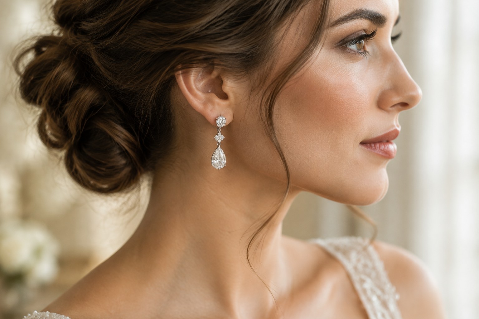 Illustration: cropped profile of a bride wearing elegant diamond drop earrings with an updo