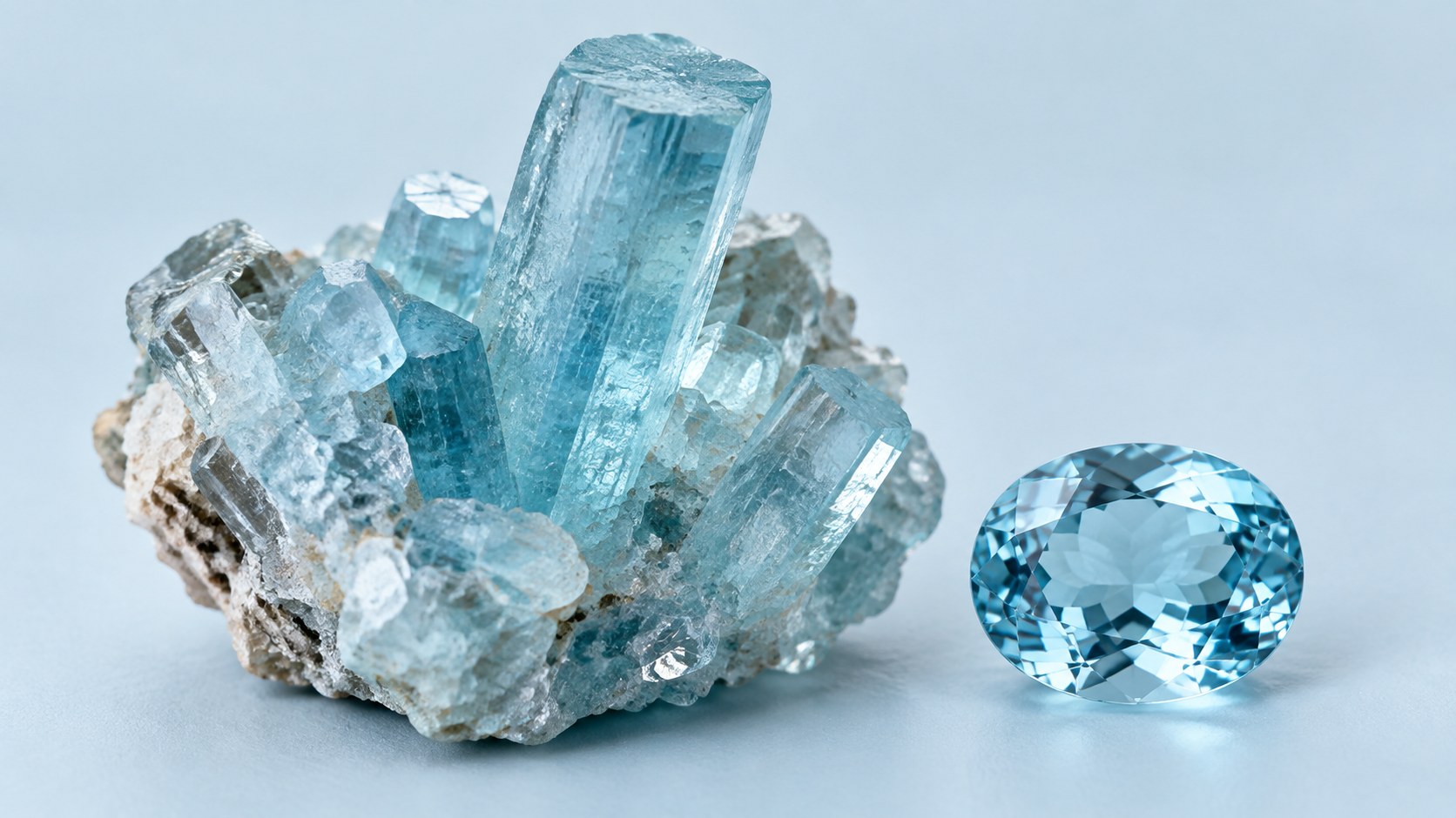 A raw aquamarine crystal cluster beside a polished faceted stone