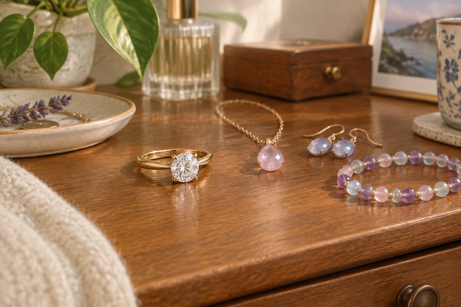 Illustration of a durable engagement ring beside softer gemstone pieces (AI illustration, not a Shewah product)