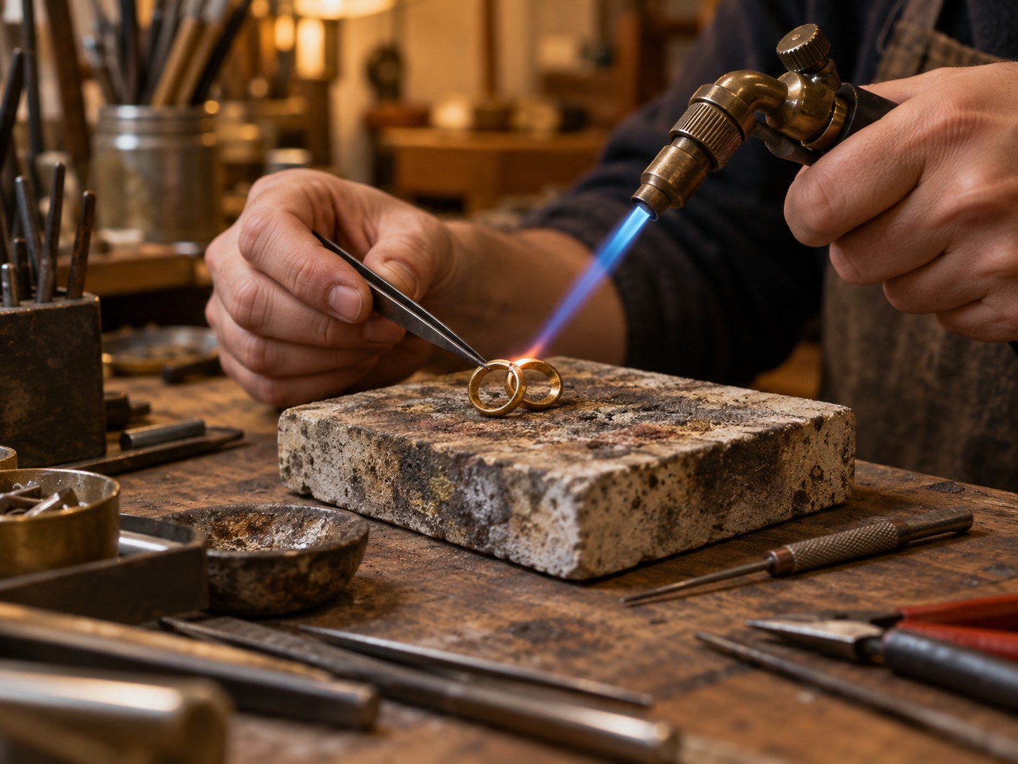 A jeweller soldering two gold rings together with a small torch at a workbench, AI-generated illustration