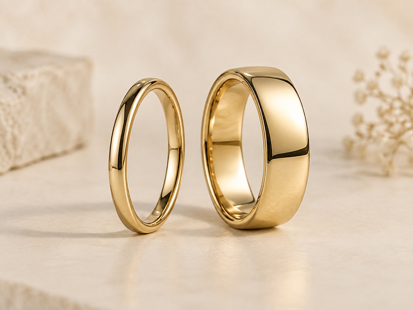 AI illustration comparing a slim and a wider plain gold-coloured band.