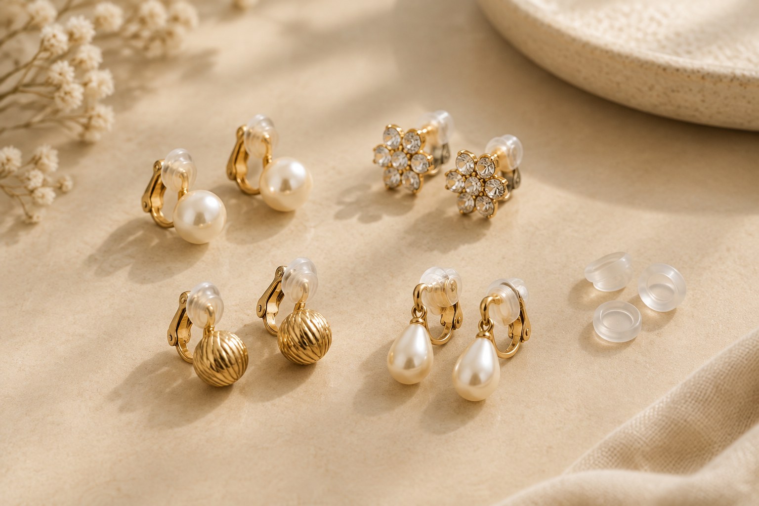 Illustration: clip-on earrings with silicone comfort pads on a beige surface
