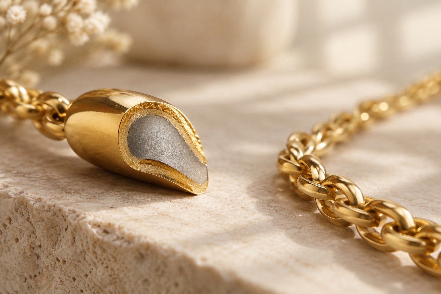 Illustration: macro of a gold vermeil necklace beside a solid gold chain