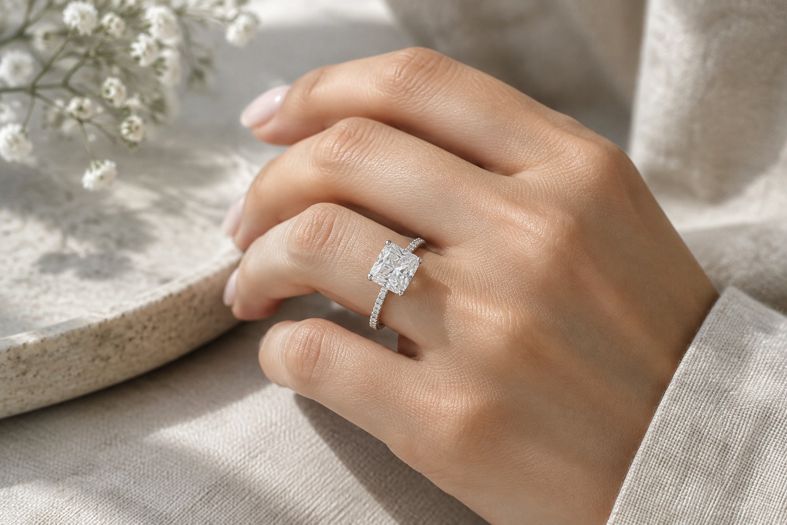 Illustration: a radiant cut ring with a pavé band worn on the hand