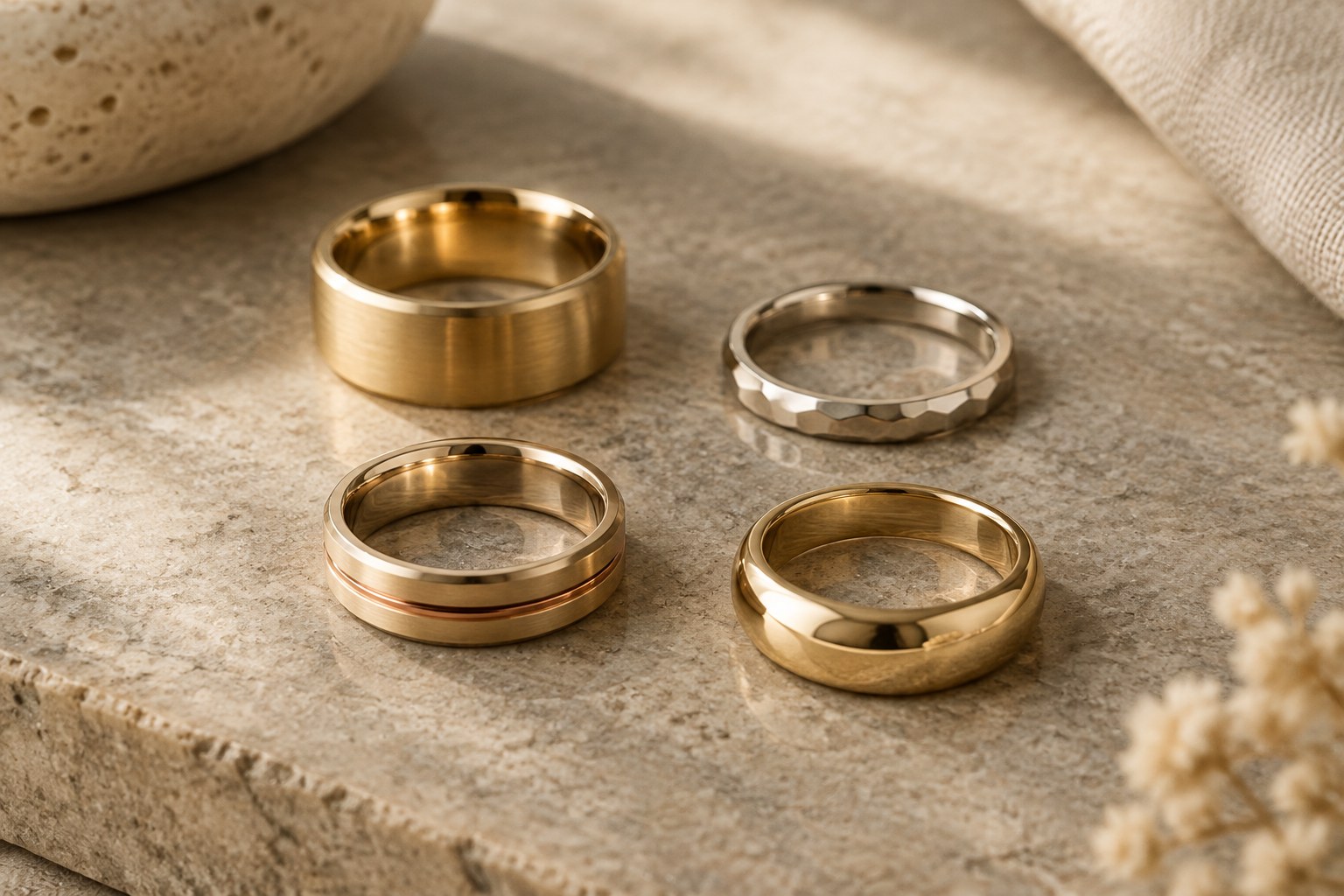 AI illustration of men's rings in mixed gold tones and widths