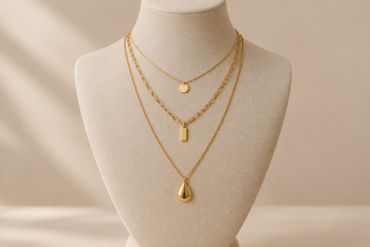 Illustration of three layered gold necklaces on a display bust (AI illustration, not a Shewah product)