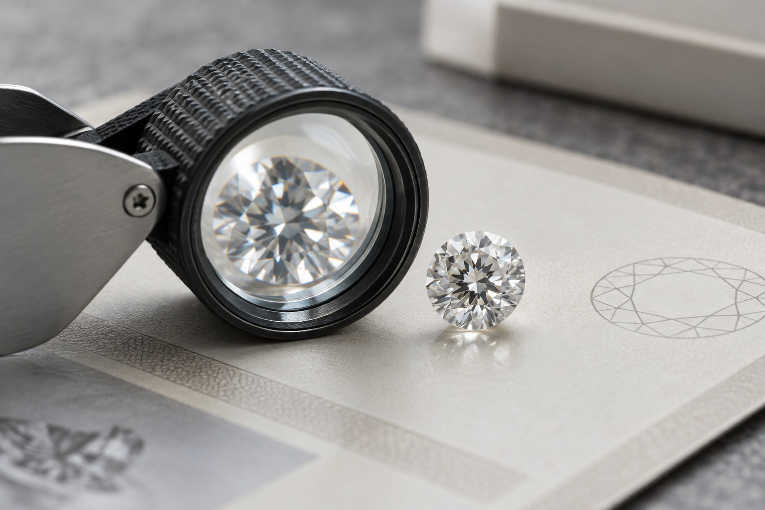 AI illustration of a loupe magnifying a round diamond on a certificate.