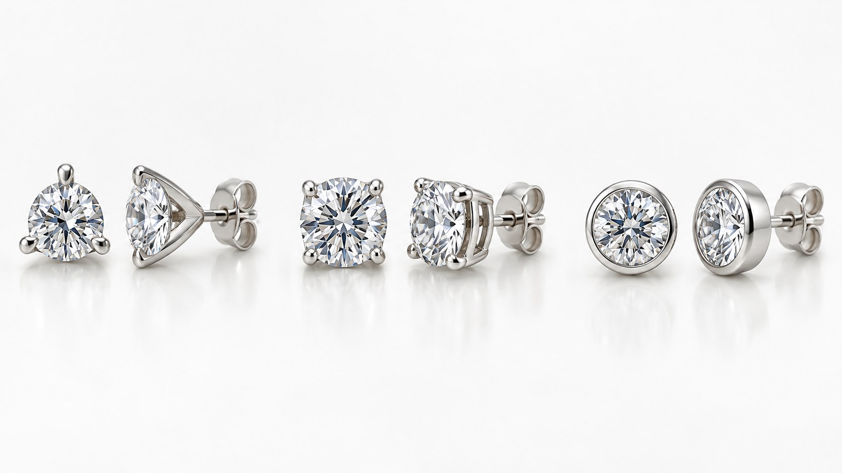 Three diamond stud setting styles: martini, basket and bezel