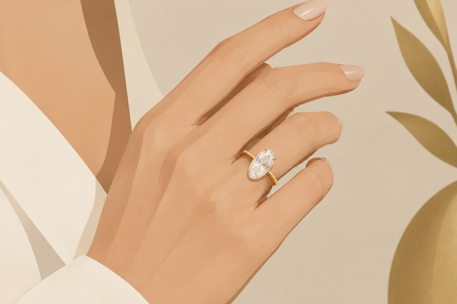Illustration: an elongated oval solitaire ring on a slender finger