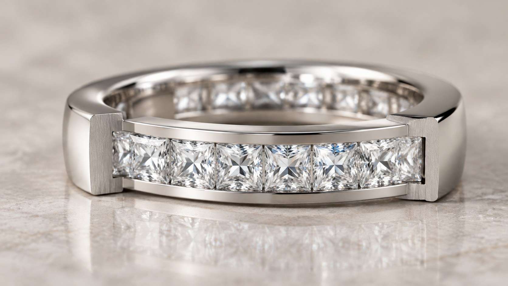 Cross-section of a channel-set band with a row of square diamonds