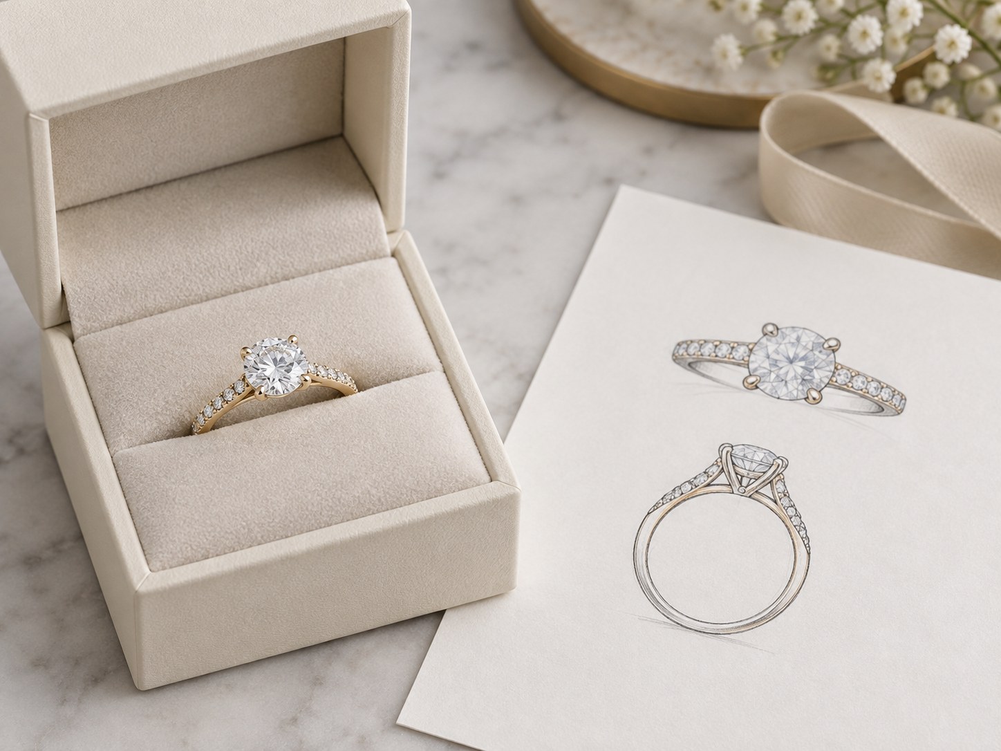 A finished custom engagement ring in a cream gift box beside its approved design sketch, AI-generated illustration