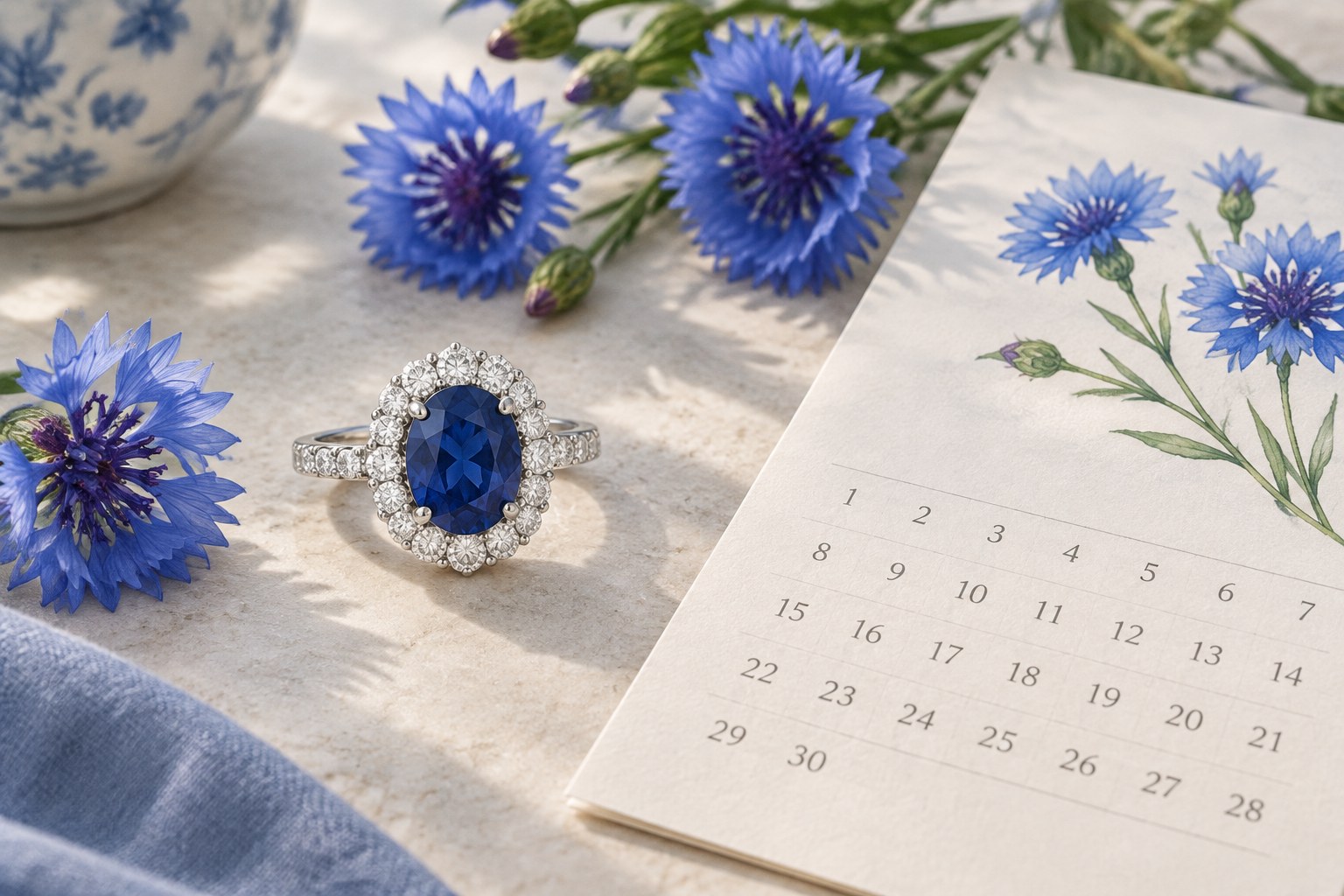 Illustration of a sapphire halo ring with a September calendar (AI illustration, not a Shewah product)