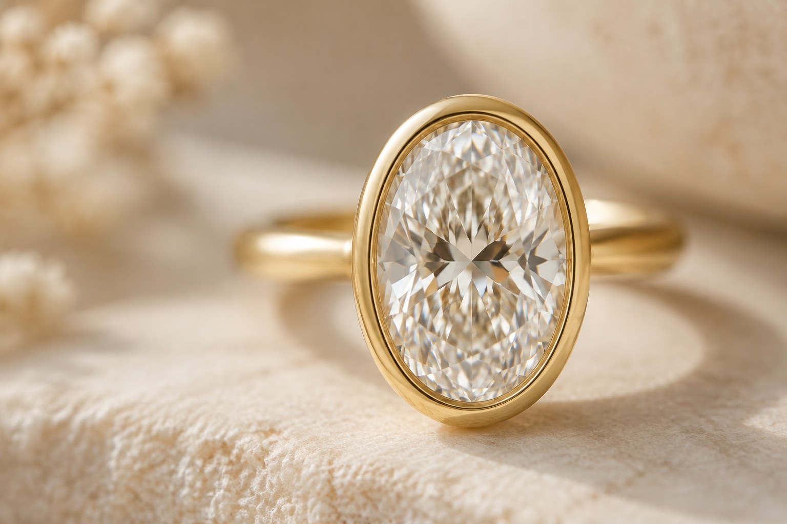 Illustration: extreme macro of an oval diamond in a smooth gold bezel setting