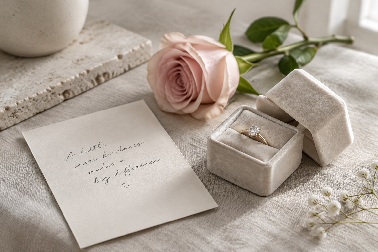 Illustration: a handwritten card beside a jewellery box and a rose