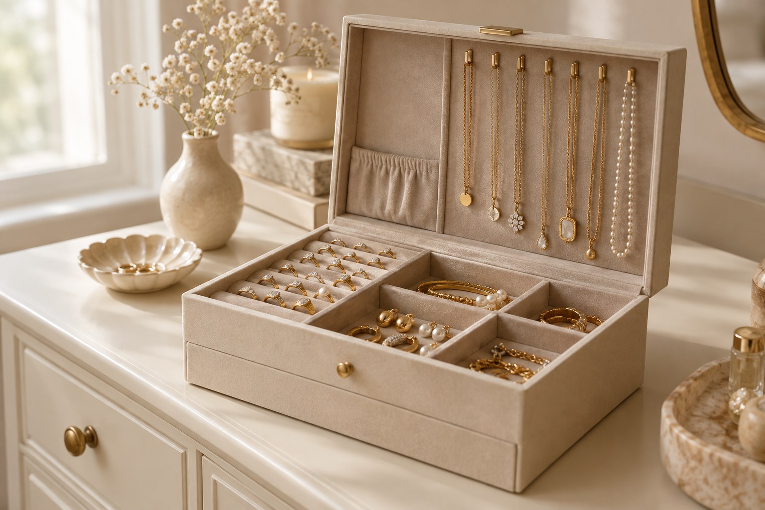 Illustration: an organised jewellery box with separate compartments on a cream dresser