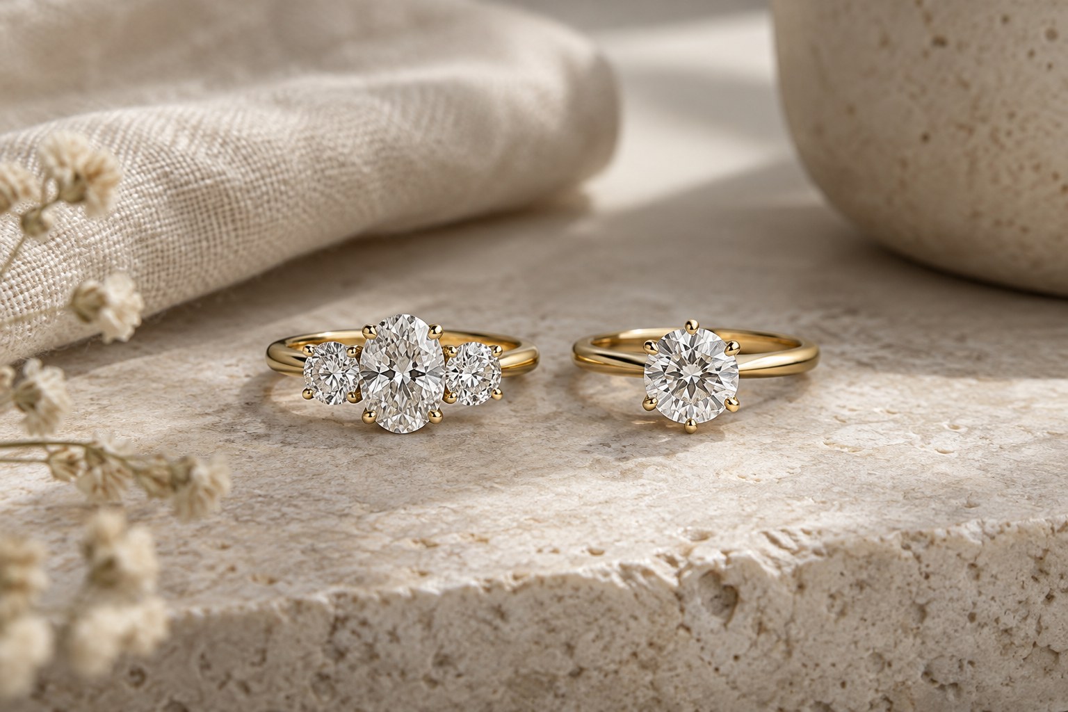 Illustration: a three-stone ring beside a solitaire ring, comparison