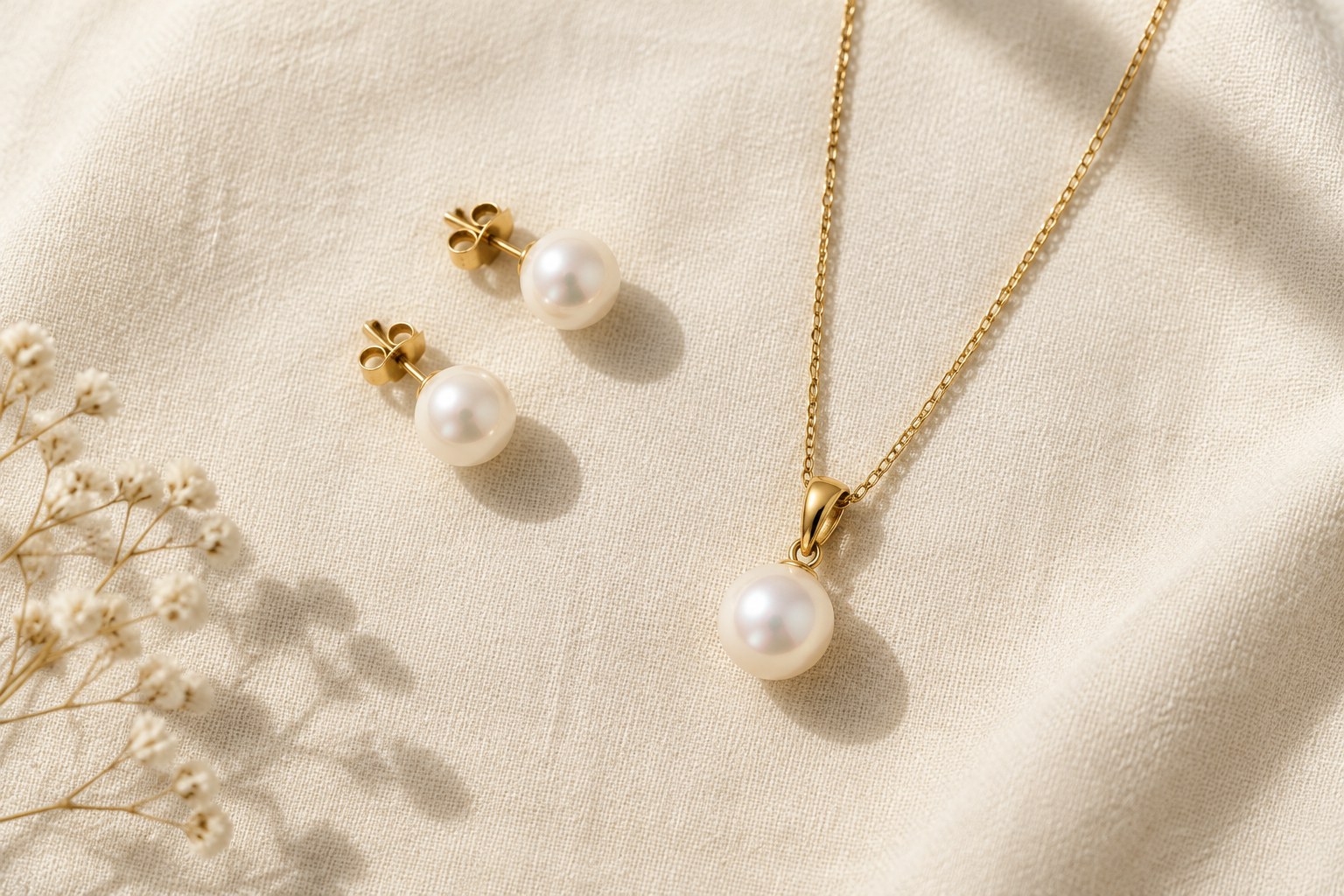 Illustration of pearl studs and pendant on cream linen (AI illustration, not a Shewah product)