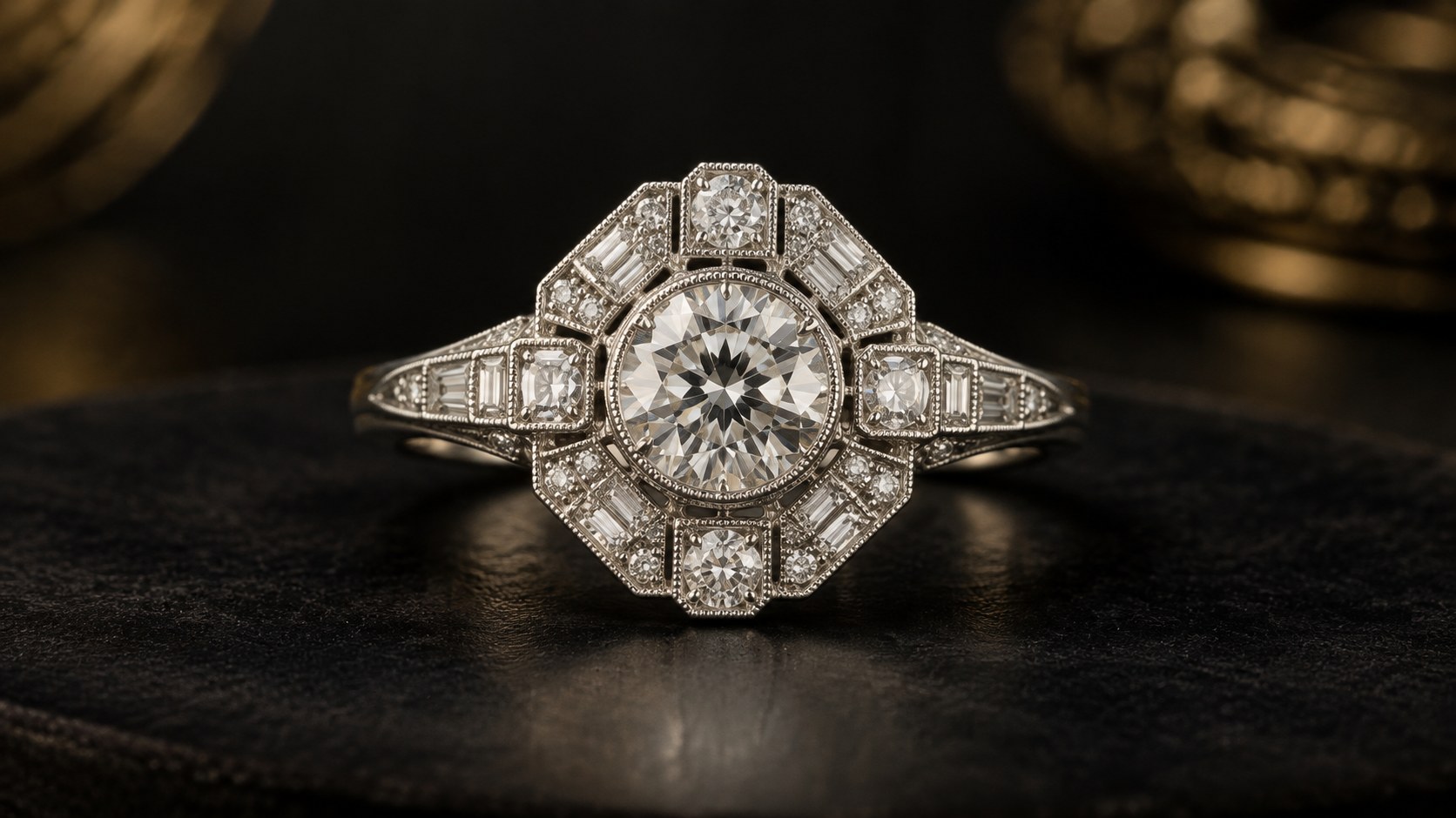 AI-generated illustration of a vintage Art Deco halo ring with geometric diamond detailing