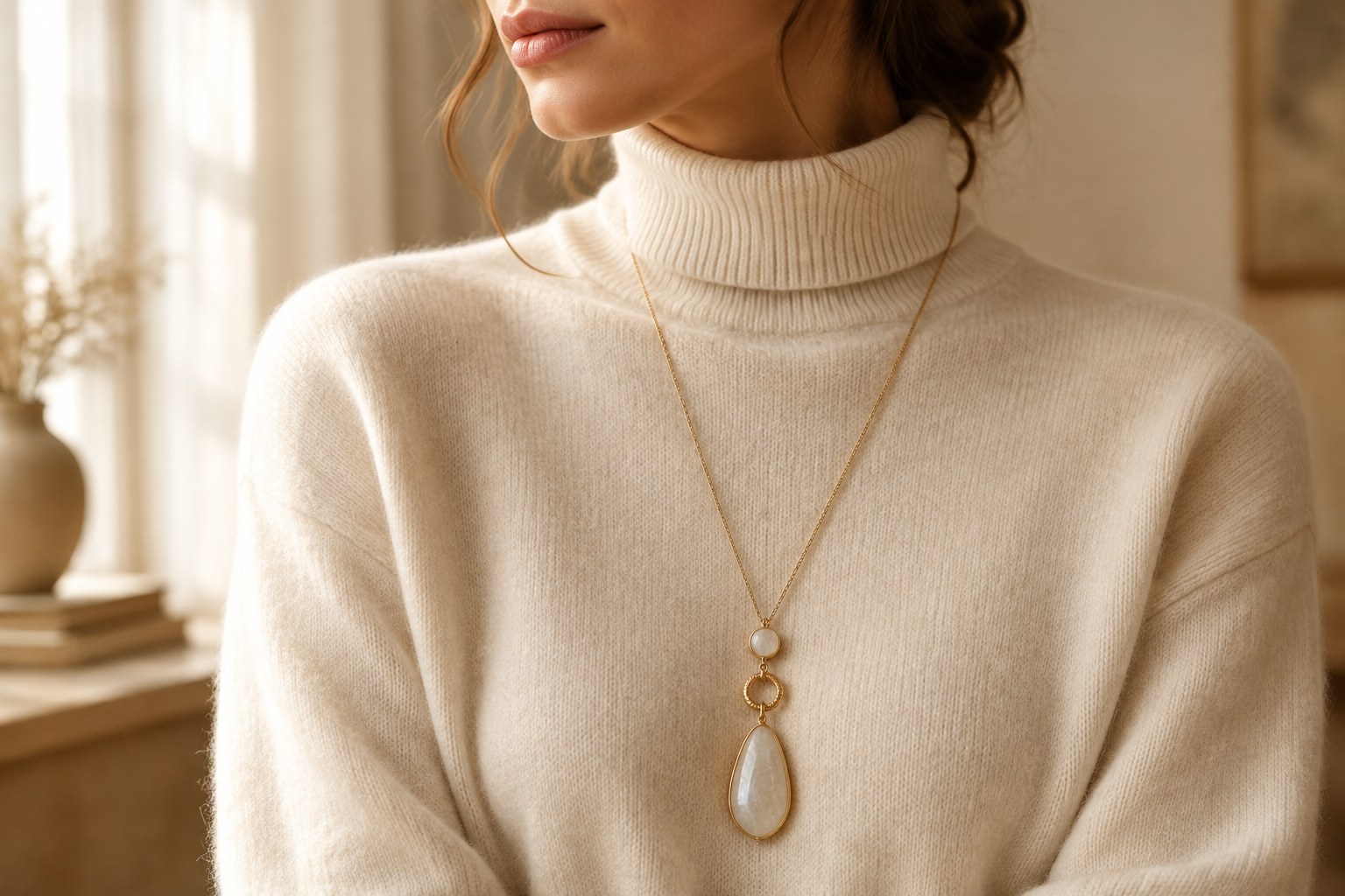 Illustration: a long pendant necklace layered over a cream turtleneck sweater