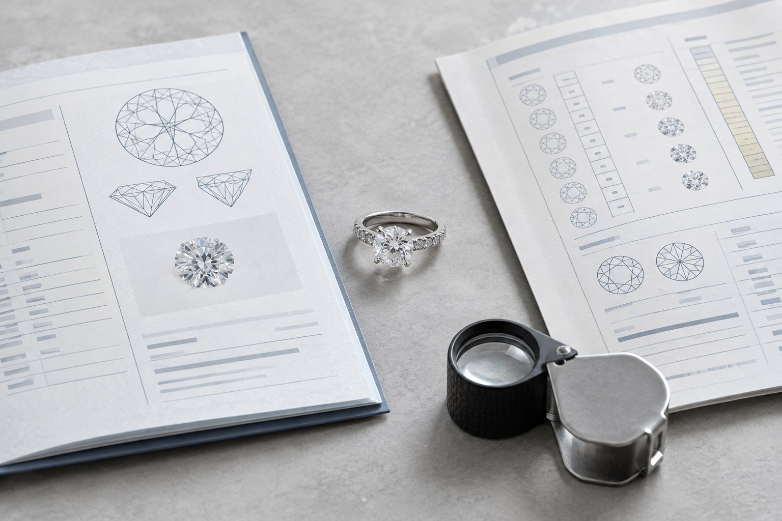 AI illustration of a diamond ring between two open grading certificates with a loupe.