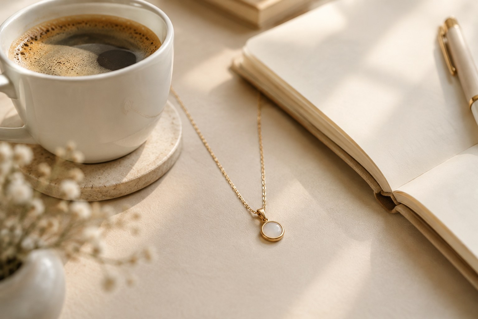 Illustration: a delicate pendant beside a coffee cup on a tidy workspace