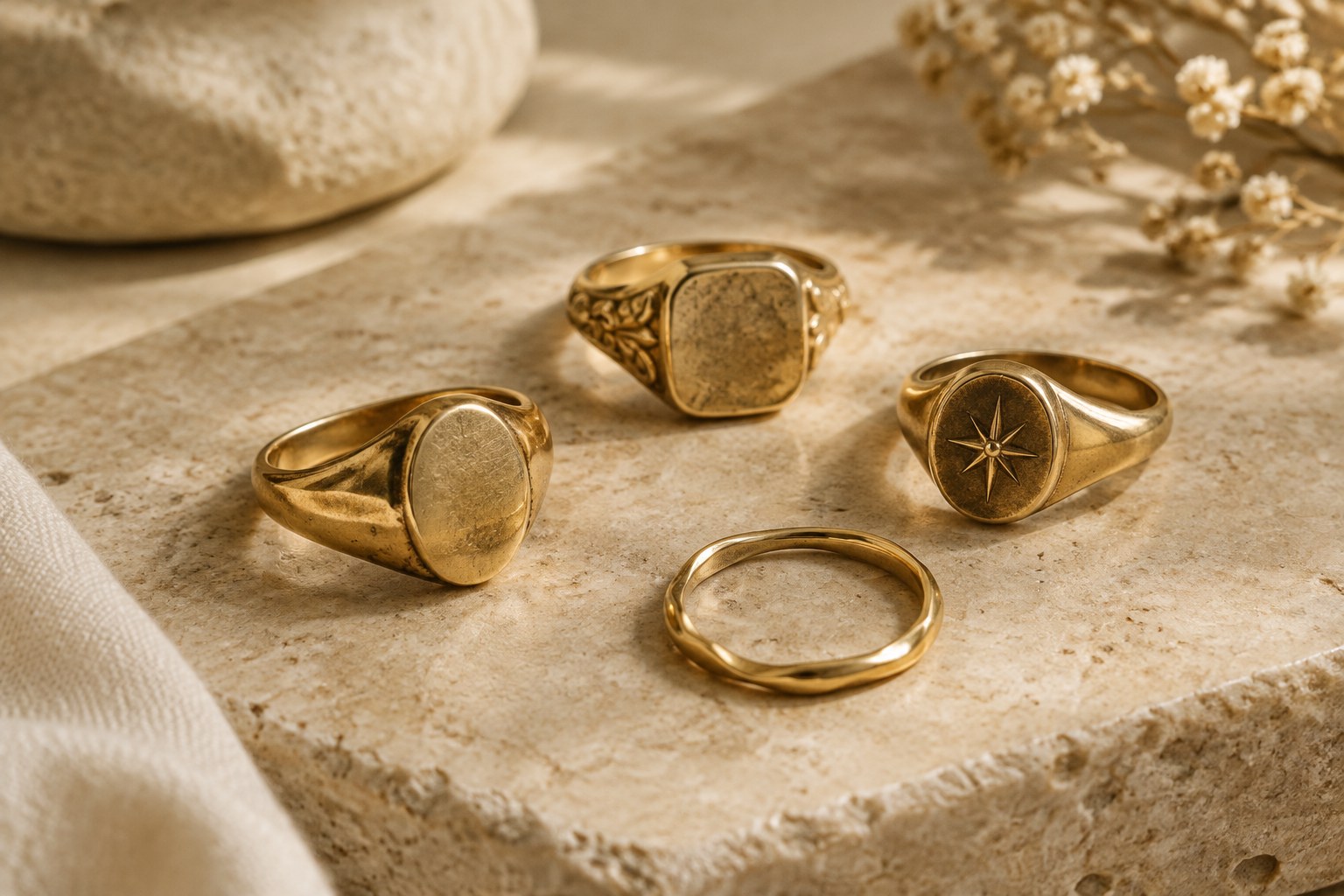 AI illustration of vintage-style gold signet rings on stone