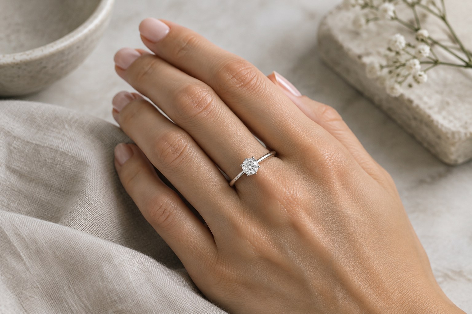 Illustration: a solitaire engagement ring worn on the hand in soft daylight