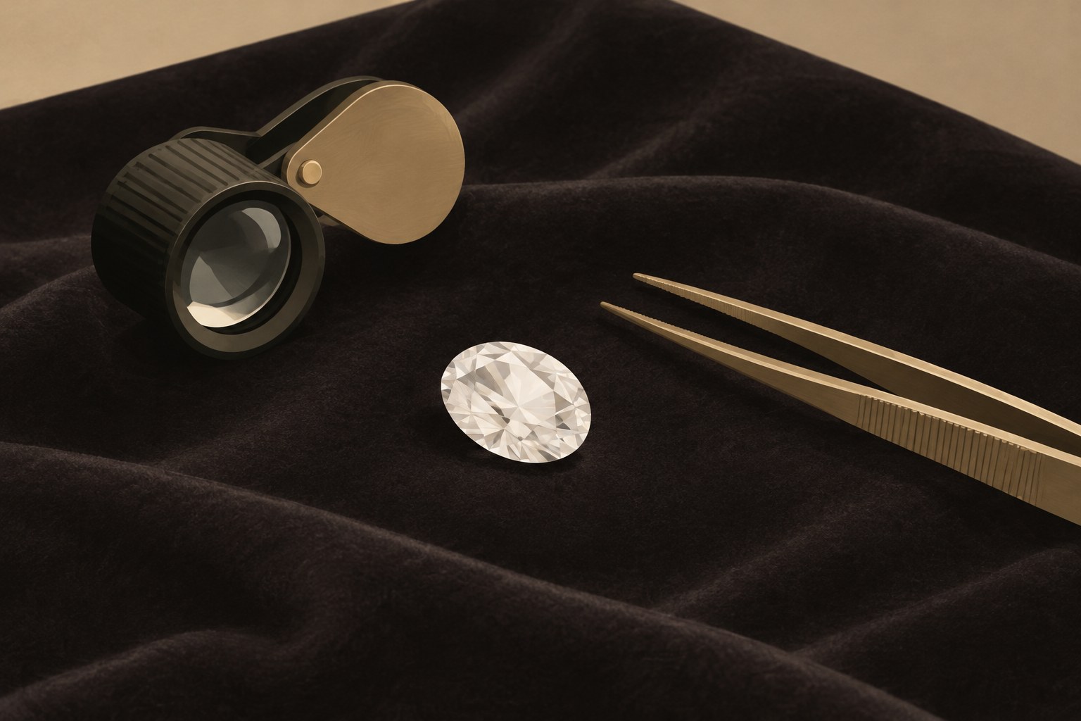 Illustration: a gemstone inspected with a jeweller's loupe and tweezers
