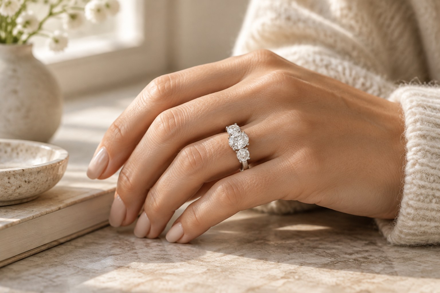 A hand wearing a three-stone diamond ring in soft window light