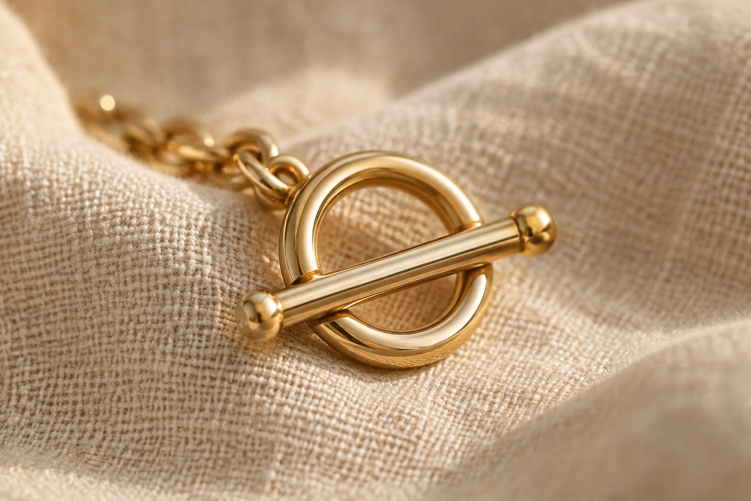 AI illustration of a gold toggle clasp on linen
