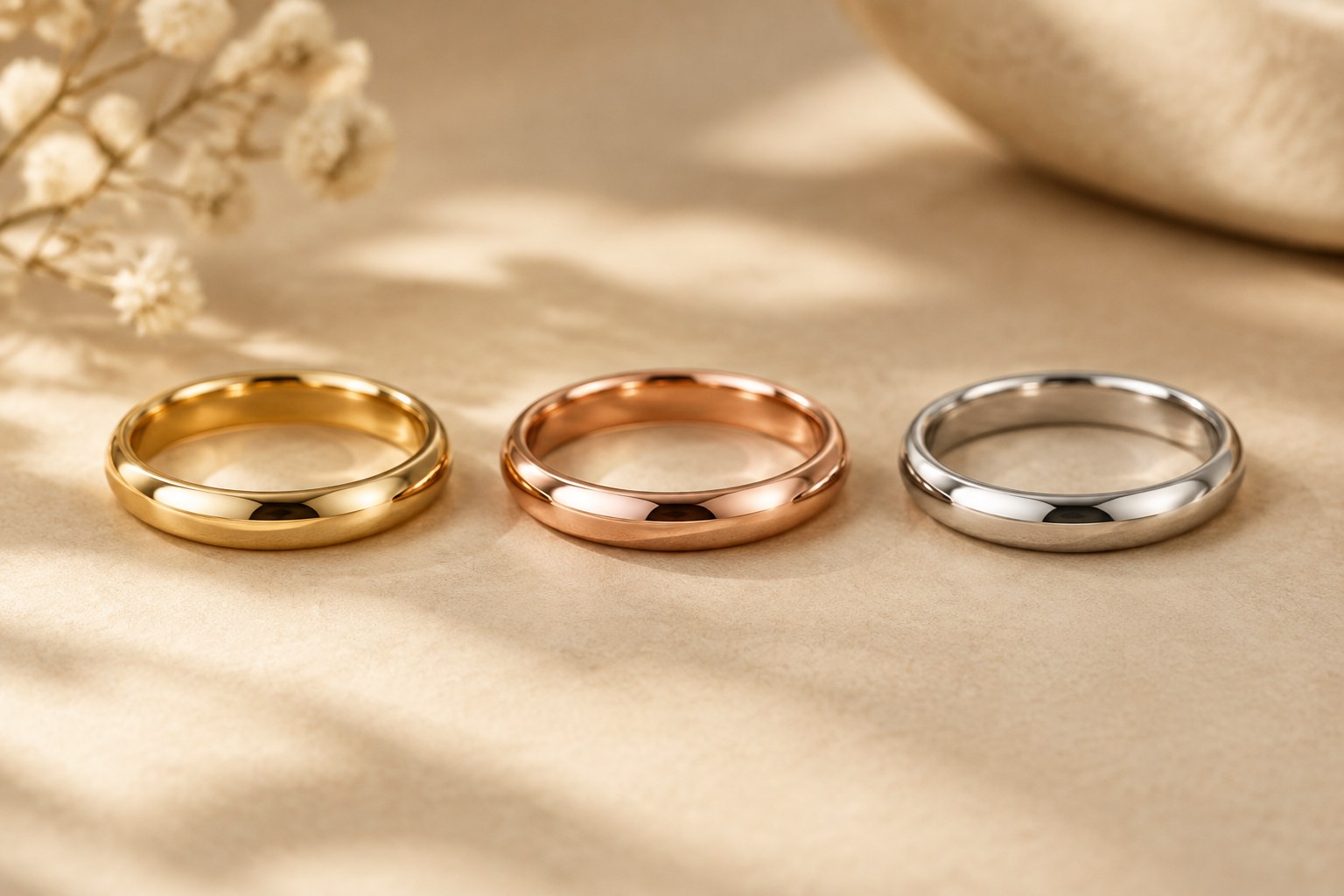 Illustration: yellow gold, rose gold and white gold rings arranged in a row on beige paper