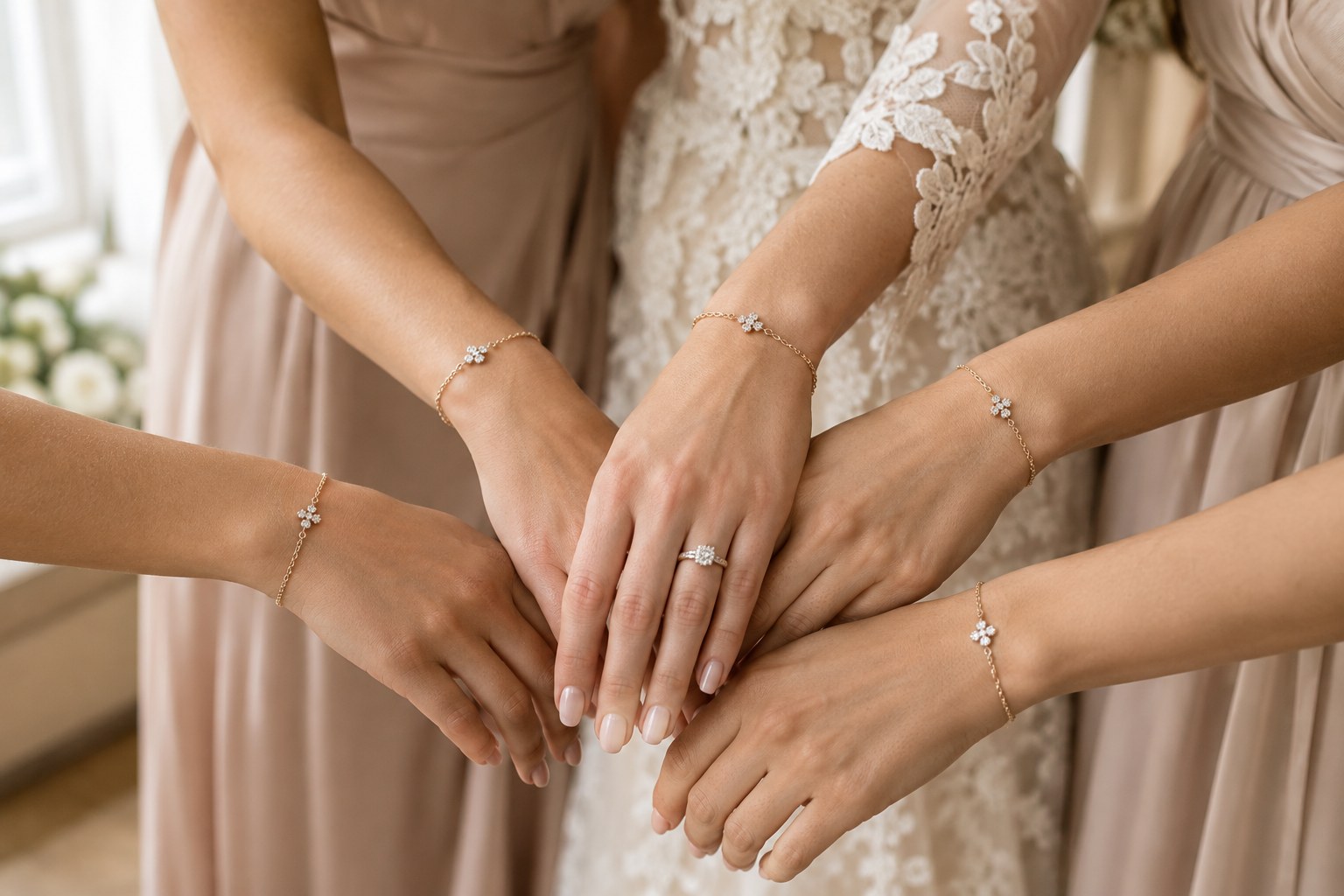 Illustration: a bride's hand and bridesmaids' hands showing delicate matching bracelets