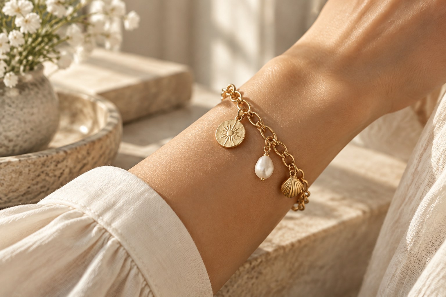 A wrist wearing a gold charm bracelet in soft sunlight