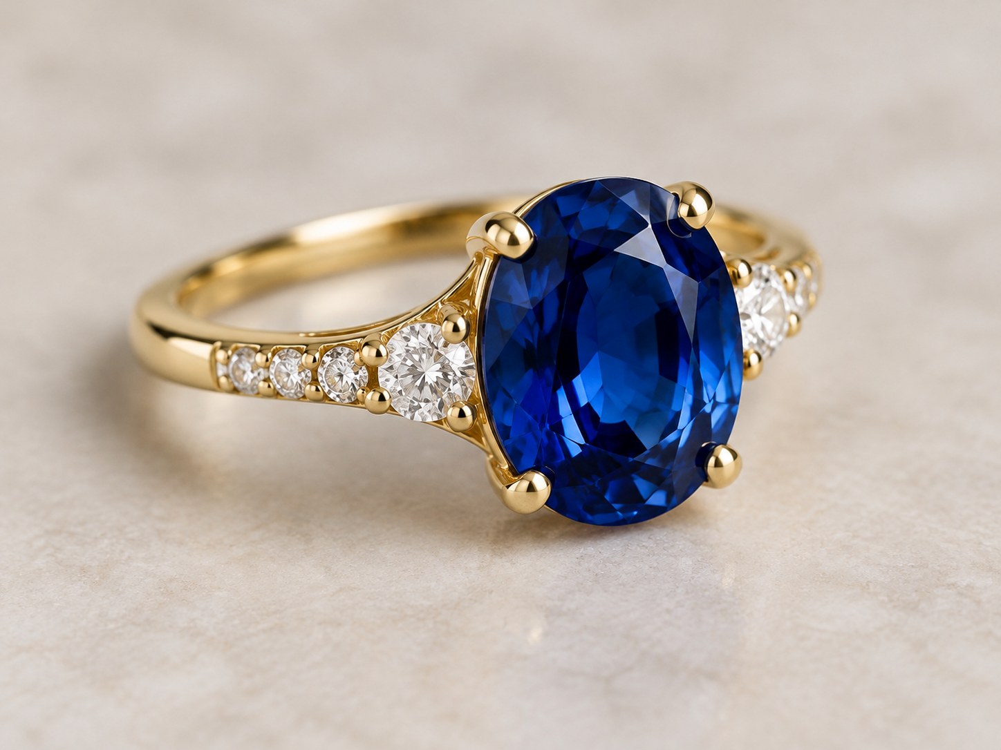 A gold ring set with a deep blue sapphire birthstone, macro studio shot, AI-generated illustration