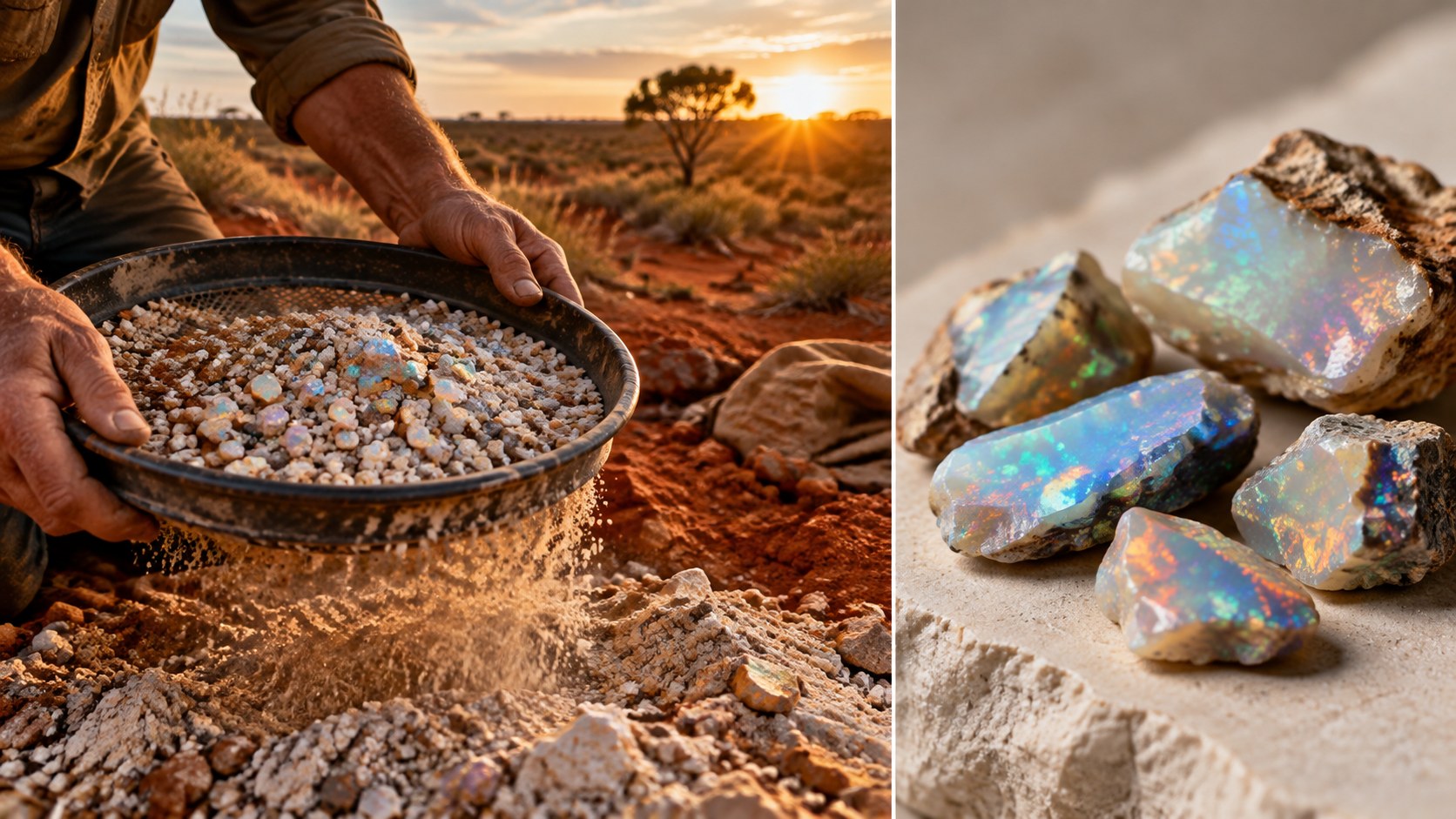 An Australian outback opal field at golden hour