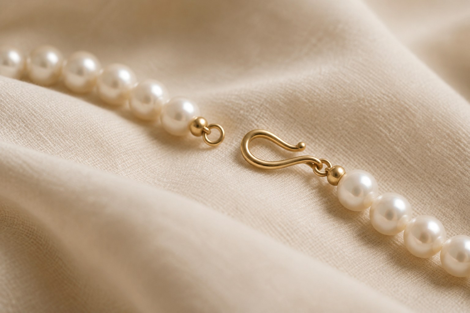 AI illustration of a pearl strand with a gold fishhook clasp