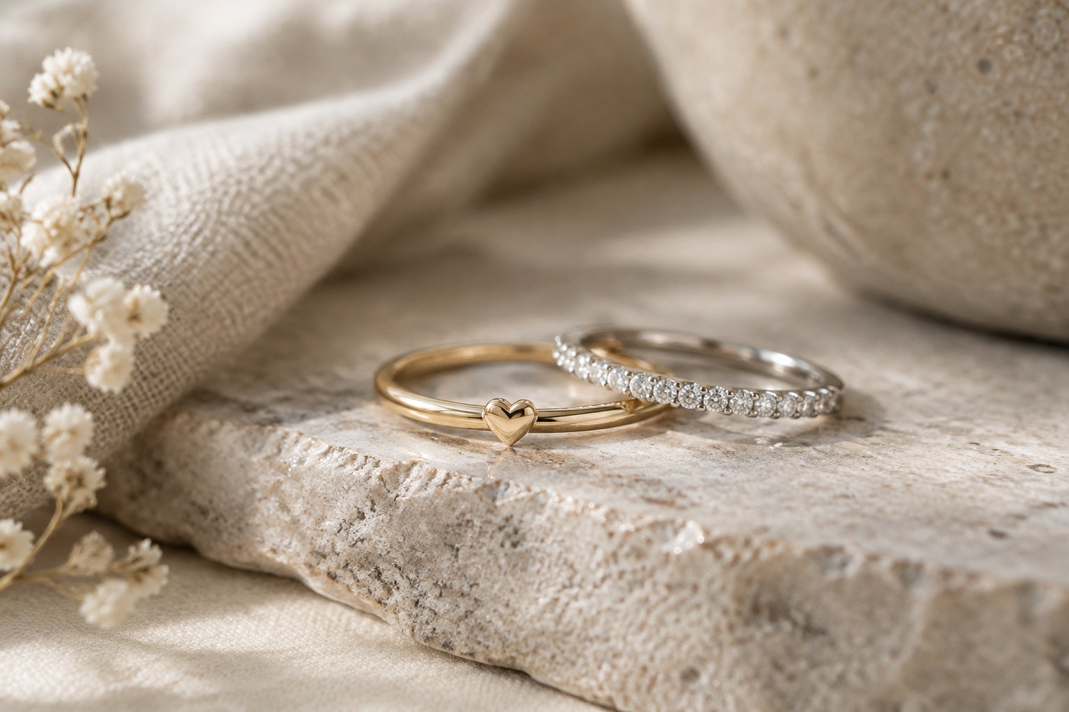 Illustration: a slim heart-motif band and a slim diamond band