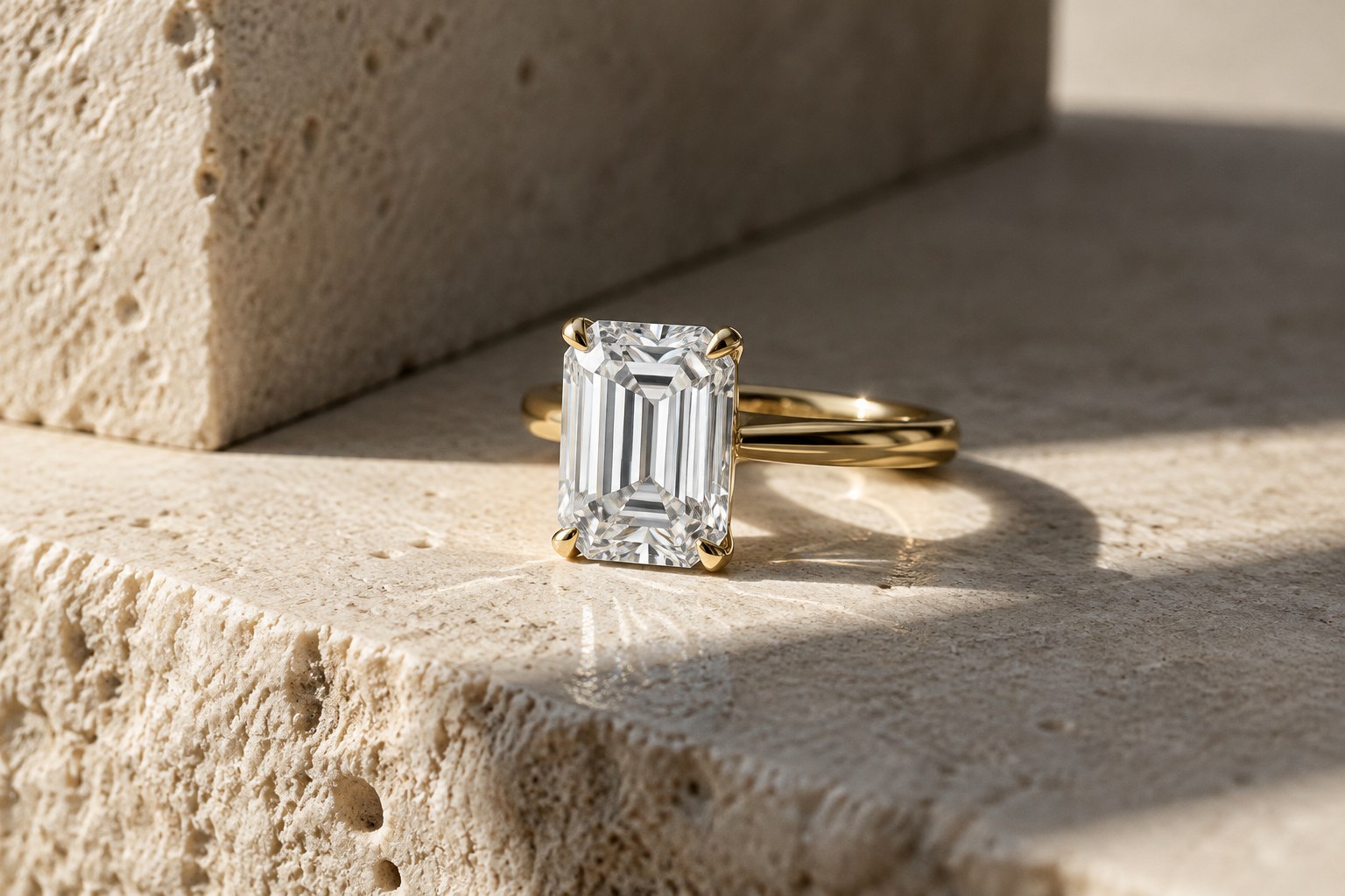 AI illustration of an emerald-cut diamond solitaire ring on limestone.