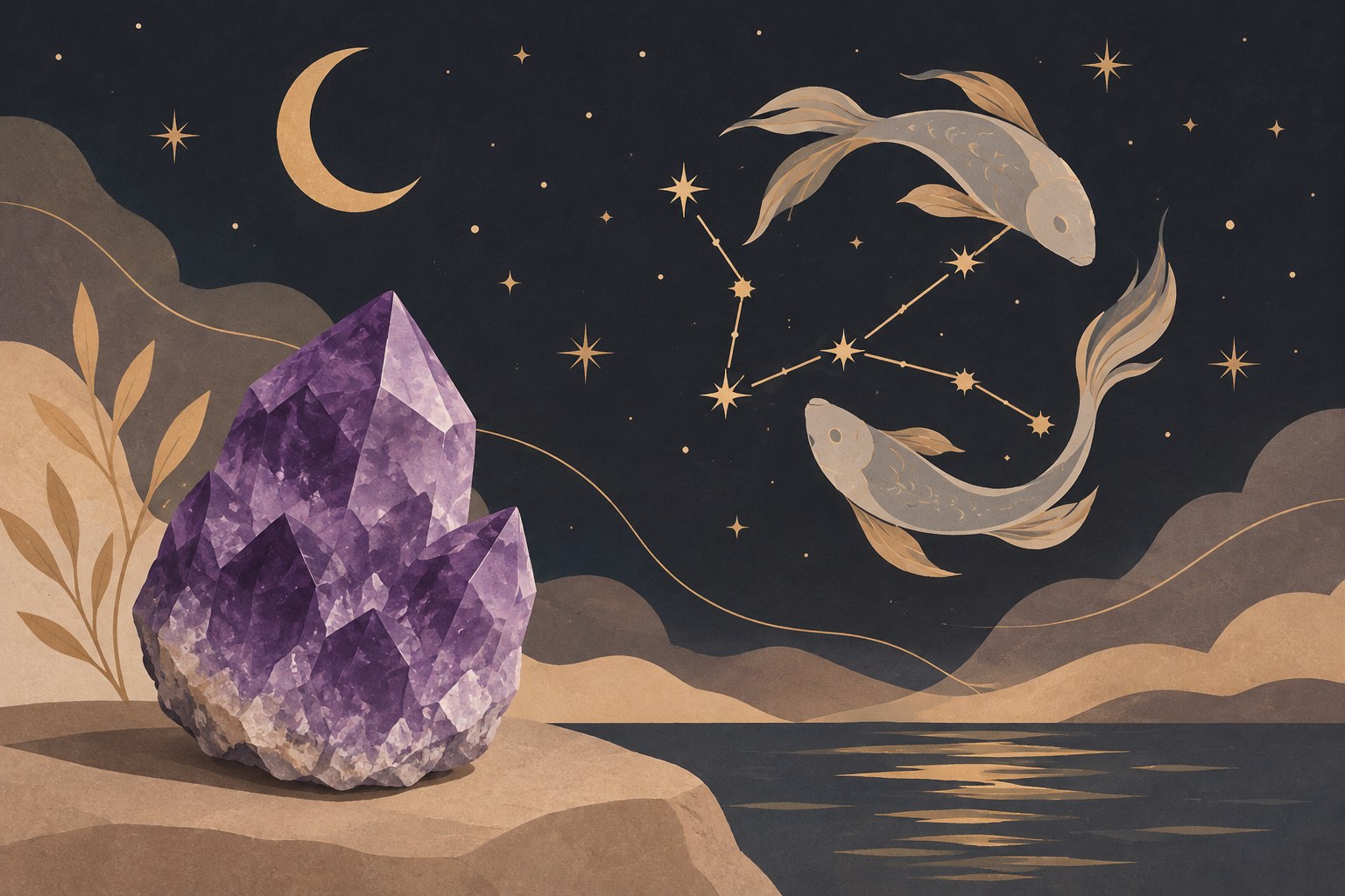 Illustration: an amethyst with a Pisces constellation