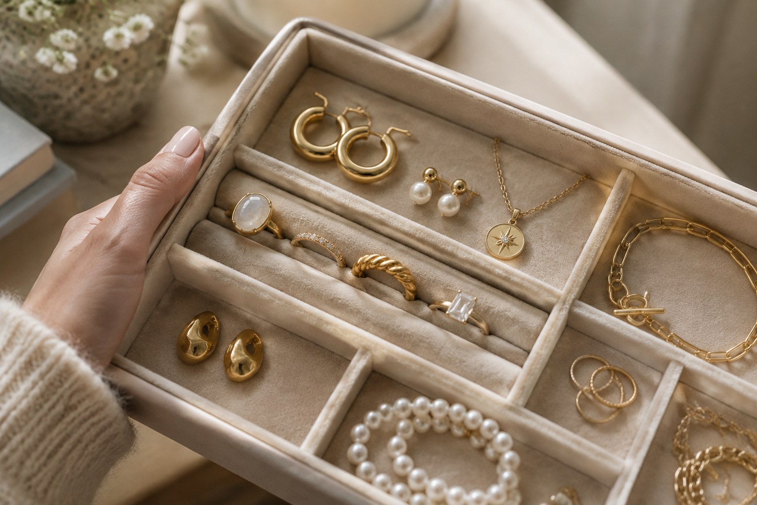 Illustration: a hand photographing a friend's jewellery tray as discreet gift research