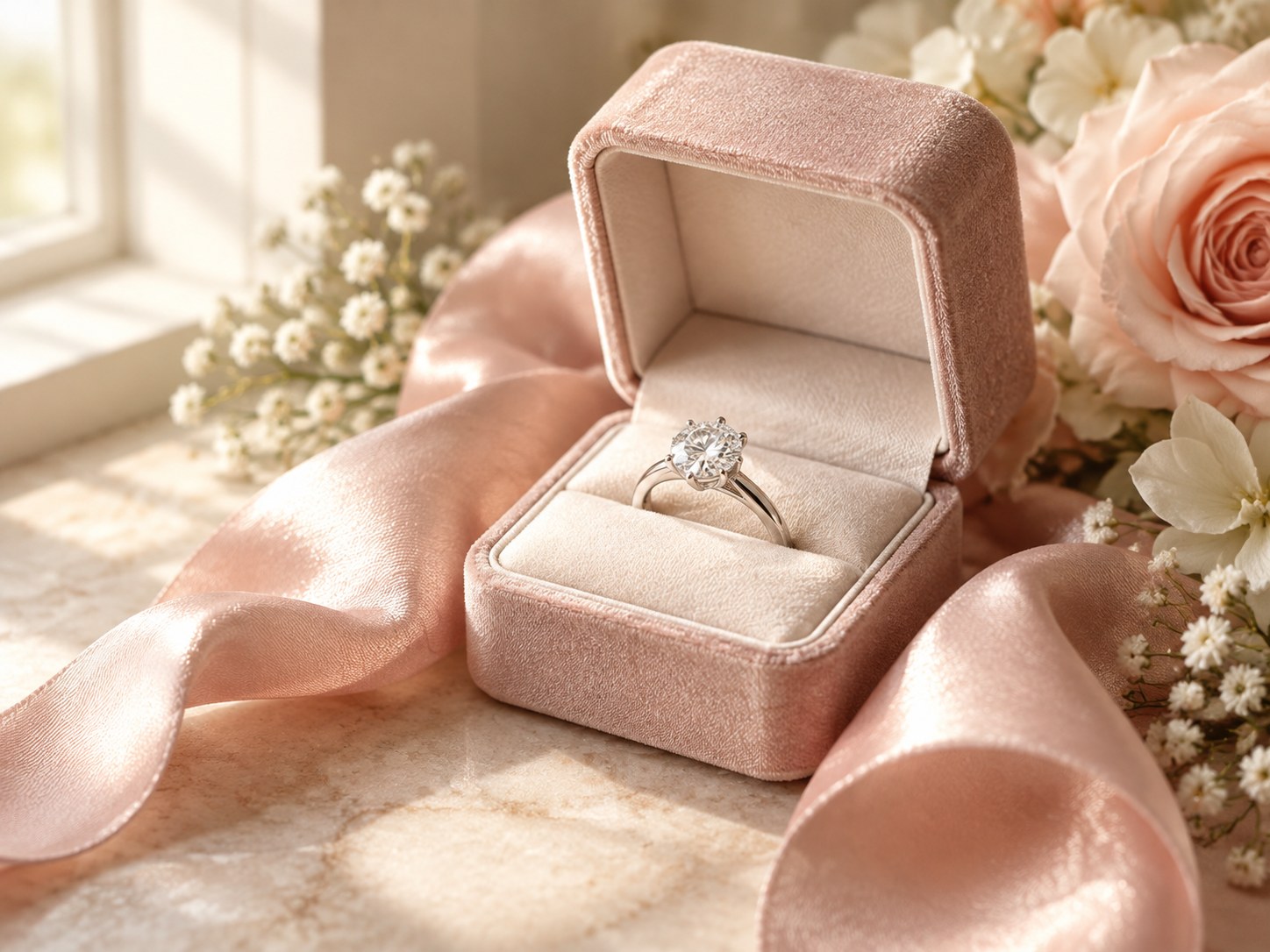 AI illustration of a solitaire engagement ring in an open box on silk ribbon.