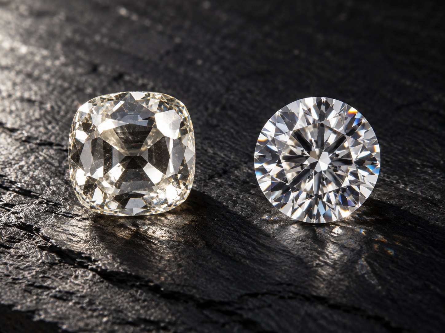 An antique old mine cut diamond beside a modern round brilliant diamond on dark slate, AI-generated illustration