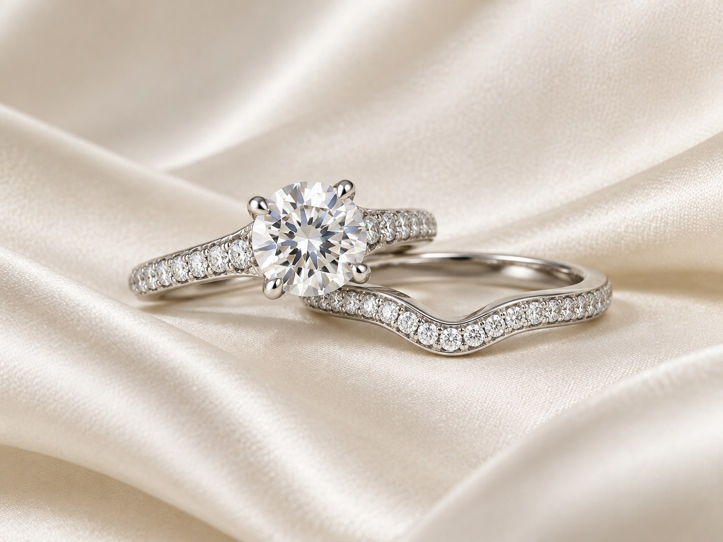 A matched bridal set: diamond engagement ring with a fitted curved wedding band on cream silk, AI-generated illustration