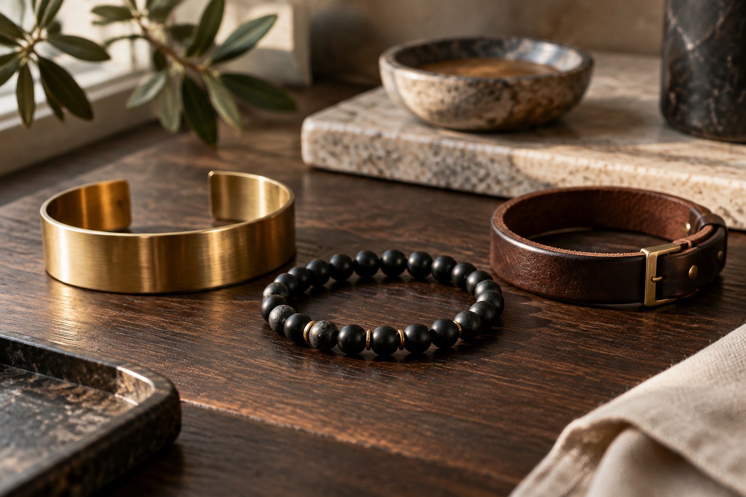 Flat lay of men's bracelets: metal band, beads and leather on dark wood