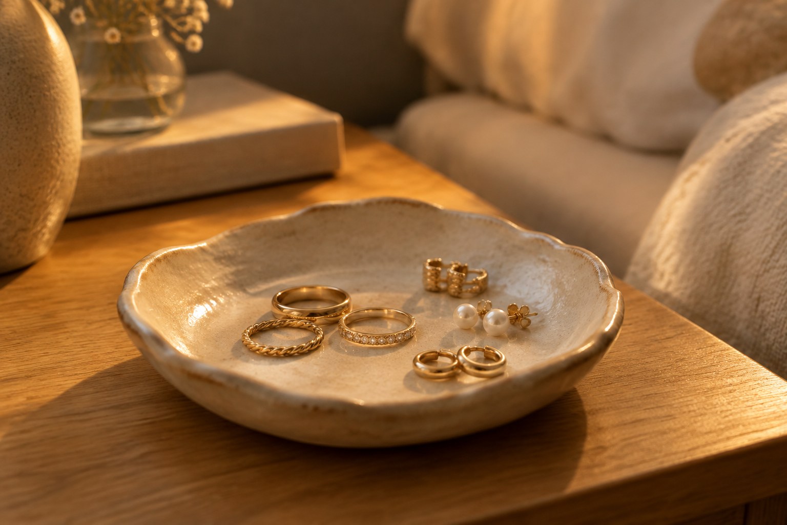 Illustration: a ceramic dish holding everyday rings and earrings in warm light