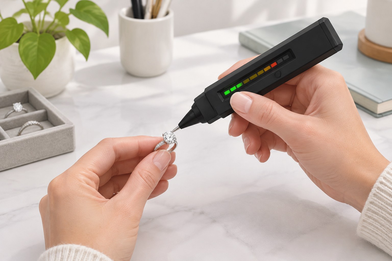 Illustration of a pocket diamond tester on a ring (AI illustration, not a Shewah product)