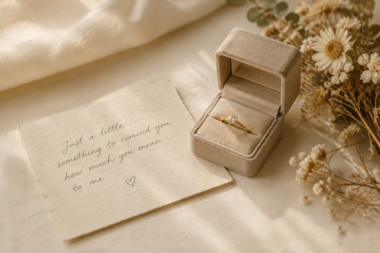 Illustration: a handwritten gift note beside a small jewellery box and dried flowers