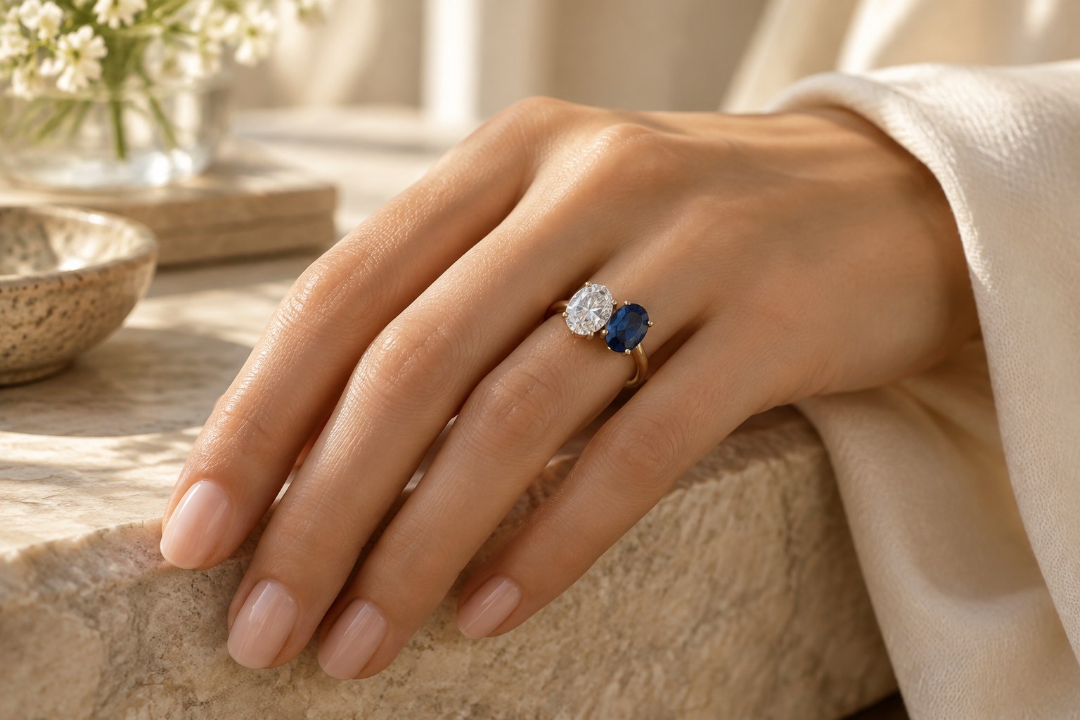 A hand wearing a two-stone toi et moi ring in soft sunlight